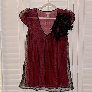 Vintage Tracey Reese Red & Black Lace Polka Dot Blouse with Black Floral Detail